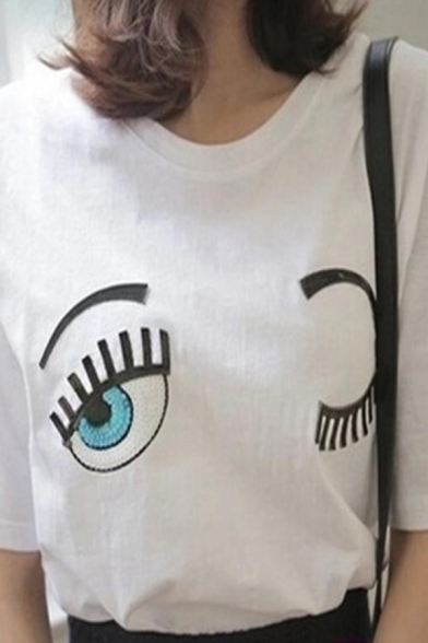 Summer Stylish Cartoon Eye Embroidery White Short Sleeve Oversized T-Shirt for Girls