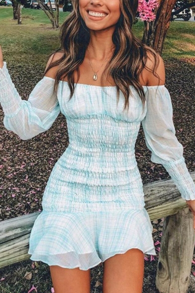 Sweet Cute Girls' Puff Sleeve Off The Shoulder Plaid Print Ruched Ruffled Trim Mini Bodycon A-Line Dress in Light Blue