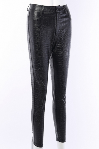 Trendy Hot Ladies' Mid Rise Croco Print Leather Long Plain Skinny Pants