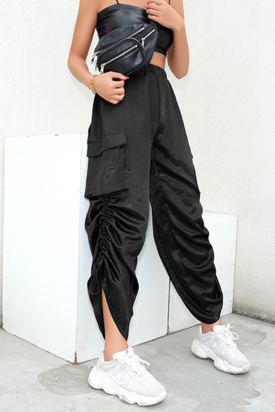 Trendy Unique Black Elastic Waist Utility Drawstring Ankle Relaxed Wide Pants for Women