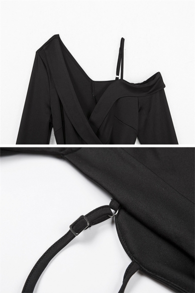 Unique Black Long Sleeve Cold Shoulder Bow-Tied Waist Slit Front Short Wrap Bodycon Dress for Ladies
