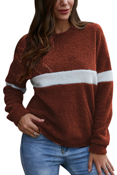 White Stripe Printed Long Sleeve Loose Fit Soft Plush Casual Pullover Sweatshirt