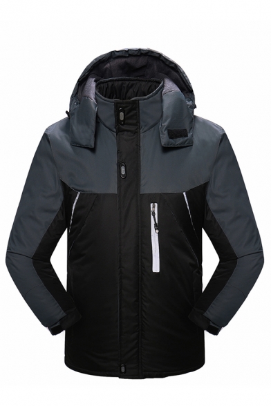 Winter Fashionable Color Block Long Sleeve Button Down Thick Waterproof Hooded Windbreaker Coat