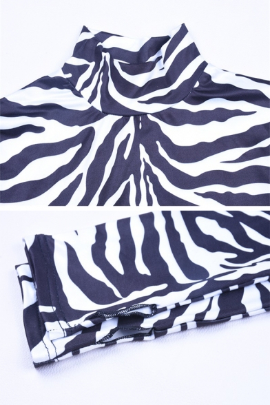 Women's Cool Black Long Sleeve Mock Neck Zebra Stripe Fit Bodysuit