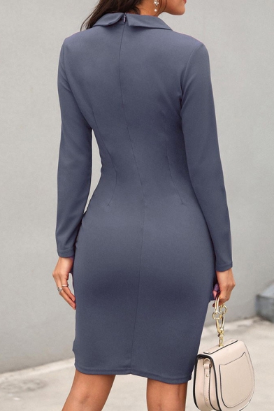 Women's Elegant Plain Long Sleeve Notch Lapel Button Detail Zipper Back Short Bodycon Wrap Work Blazer Dress
