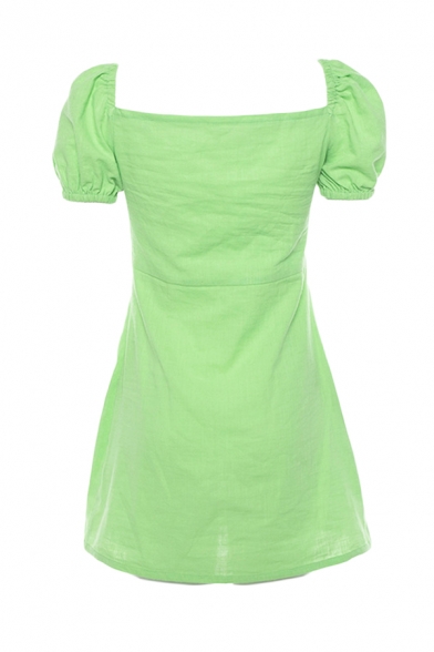 Womens Casual Plain Light Green Lantern Short Sleeve Square Neck Mini A-Line Day Dress
