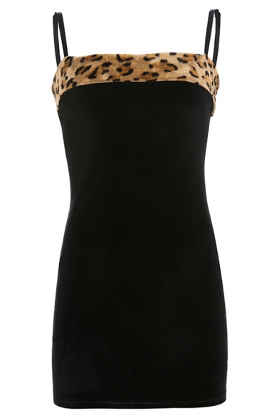 Womens Chic Leopard Panel Spaghetti Straps Black Mini Fitted Cami Dress