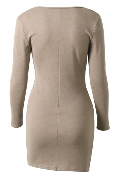 Womens Chic Plain V-Neck Long Sleeve Fitted Mini Wrap Dress for Party