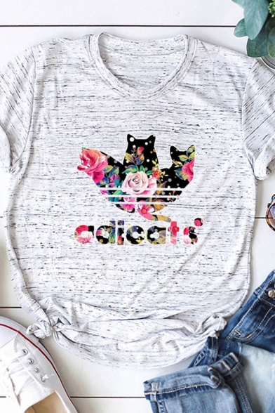 Womens Creative Cat Floral Letter ADICATS Printed Short Sleeve Loose Fit Casual T-Shirt