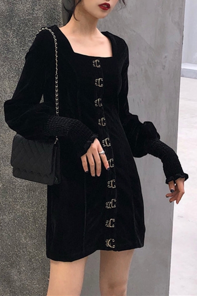 Womens Elegant Plain Black Square Neck Bishop Long Sleeve Single Breasted Mini Velvet Dress