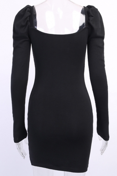 Womens Elegant Plain Black Square Neck Puff Long Sleeve Slim Fit Mini Party Dress