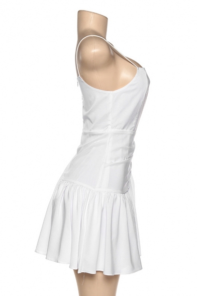 Womens Elegant Plain Speghatti Straps Ruched Ruffle Mini A-Line Cami Dress