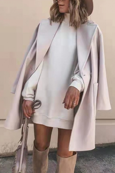Womens Elegant Plain White High Collar Long Sleeve Loose Mini Dress Pullover Sweatshirt