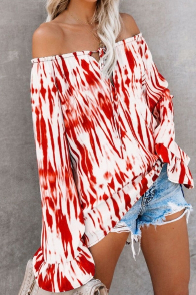 Womens Funny Tie Dye Flared Long Sleeve Tied Off the Shoulder Oversized Chic T-Shirt Top