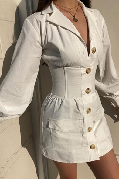 Womens Leisure Plain White Long Sleeve Gathered Waist Button Down Mini Shirt Dress with Pocket