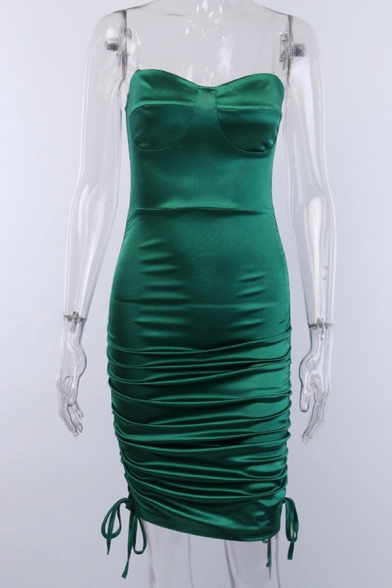 Womens Nightclub Popular Solid Color Green Drawstring Ruched Hem Midi Tube Dress for Party