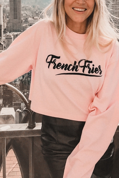 Womens Pink FRENCH FRIES Letter Printed Long Sleeve Pullover Crop Sweatshirt