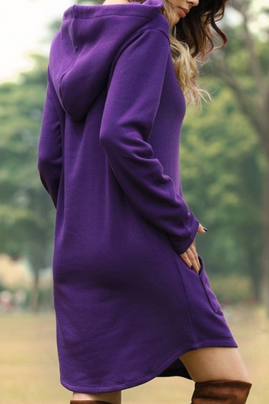 Womens Popular Solid Color Long Sleeve Curved Hem Drawstring Hoodie Dress with Pocket