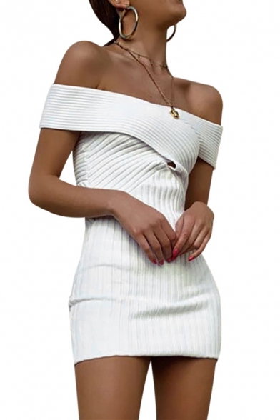 Womens Sexy Plain Criss Cross Off the Shoulder Slim Fit Ribbed Mini Fitted Dress