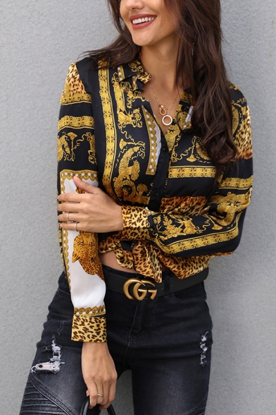Womens Trendy Gold Floral Leopard Printed Long Sleeve Single Breasted Yellow Casual Shirt