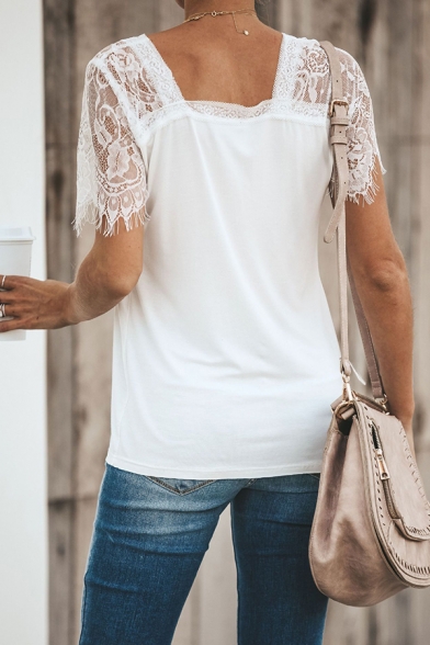 Womens Trendy Plain Eyelash Lace Trimmed Short Sleeve V-Neck Slim Fit Leisure T-Shirt