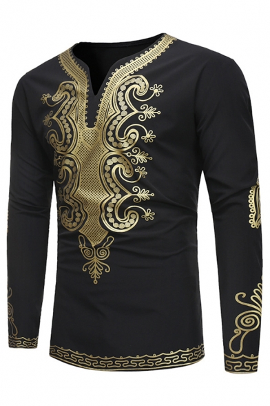Sweatwater Mens All-Match Printed Long-Sleeve Africa Ethnic Style Top Shirts 