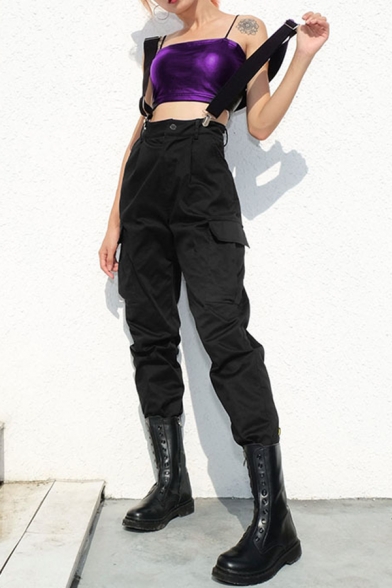 Black Cool Mid Rise Flap Pockets Cuffed Relaxed Carrot Cargo Suspender Pants for Girls