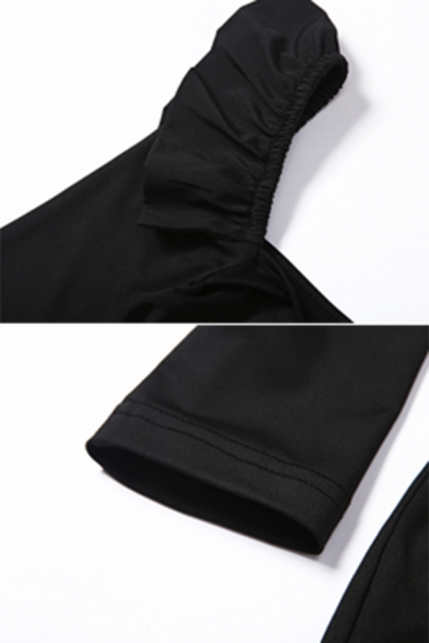 Black Sweetheart Tied Front Ruffled Long Sleeve Slim Fit Casual Elegant Mini Dress