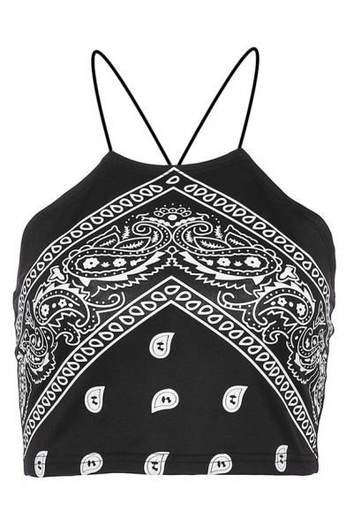 Bohemia Style Sleeveless Halter Cut Out Back Mixed Patterned Black Slim Crop Tank Top for Women