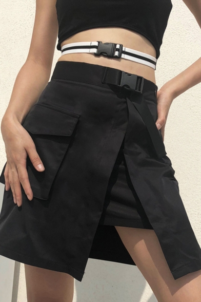 Casual Black High Waisted Buckle Belt High Slit Layer Pocket Fitted Short A-Line Wrap Skirt for Girls