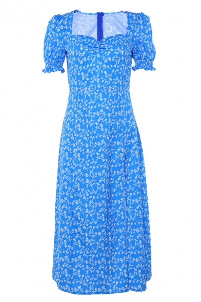Casual Cute Girls' Short Sleeve Sweetheart Neck Floral Pattern High Split Side Zipper Back Long Flowy Dress in Light Blue
