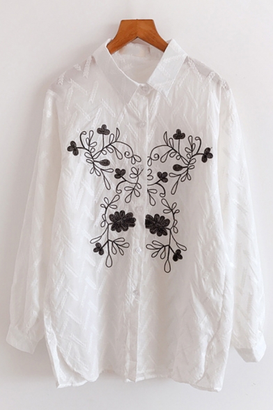 Chic Black Floral Embroidery Long Sleeve Single Breasted Oversized White Shirt