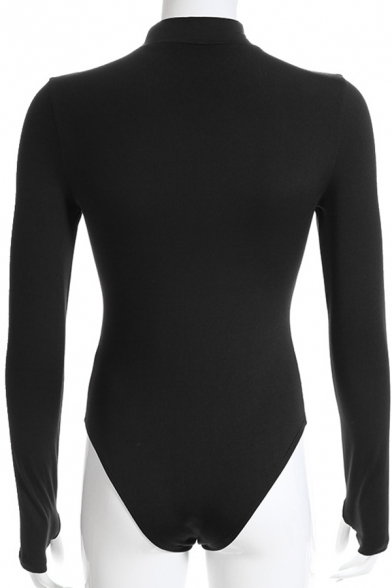 Cool Black Glove Sleeve Mock Neck Thick Bottoming Eyelet Slim Fit Bodysuit for Women
