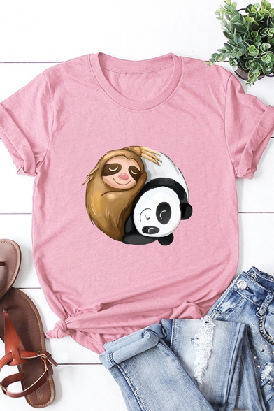 Cute Sloths and Panda Print Short Sleeve Crew Neck Casual T-Shirt