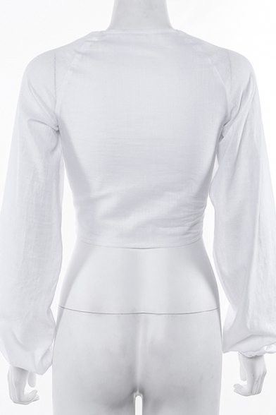 Edgy Girls' Blouson Sleeve Crew Neck Tied Cut Out Drawstring Slim Fit Crop T Shirt in White