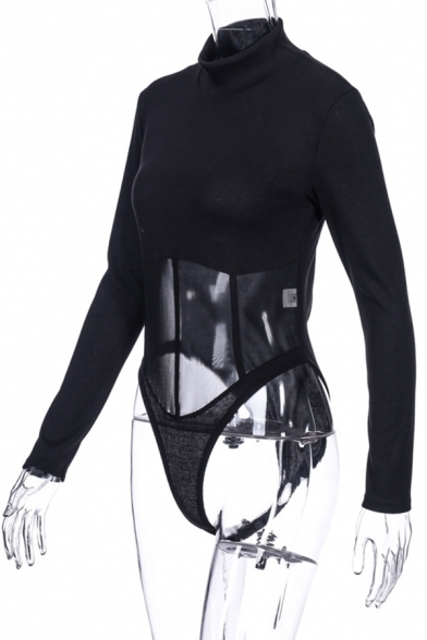 Edgy Girls' Long Sleeve High Neck Contrast Pipe Sheer Mesh Plain Fitted Bodysuit