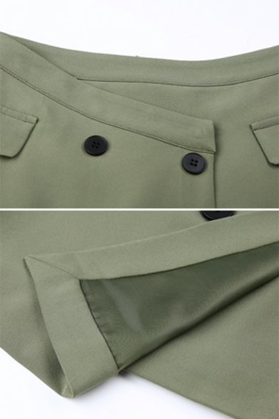 Elegant Ladies' Zip Back Button Detailed Fitted Short Wrap Skirt in Green