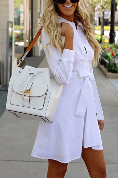 Elegant Stylish Ladies' Long Sleeve Lapel Collar Button Down Bow Tie Waist Pleated Short A-Line Shirt Dress in White