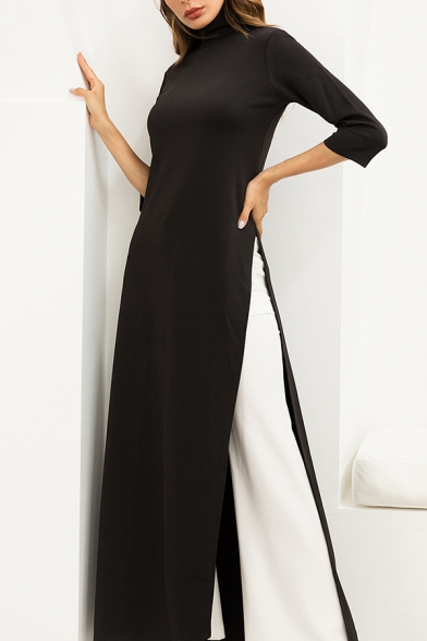 Elegant Trendy Ladies' Three-Quarter Sleeve High Neck High Slit Side Maxi Column Dress in Black