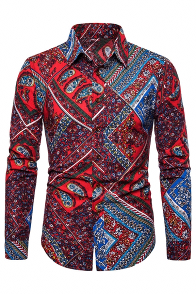 Ethnic Style Printed Long Sleeve Button Front Lapel Collar Red Vintage Shirt