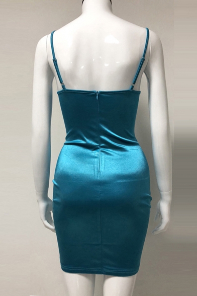 Female Designer Hollow Out Spaghetti Straps Plain Mini Satin Bodycon Dress