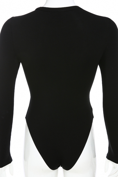 Girls' Casual Long Sleeve Crew Neck Angel Pattern High Cut Slim Fit Black Bodysuit