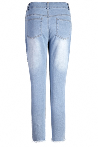 Girls' Casual Simply Mid Rise Bleach Distressed Fray Cuffs Ankle Length Skinny Jeans in Light Blue