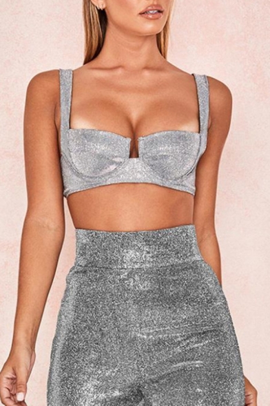 Girls' Hot Grey Sleeveless Deep V-neck Zip Detail Sequinned Crop Bustier for Evening Party