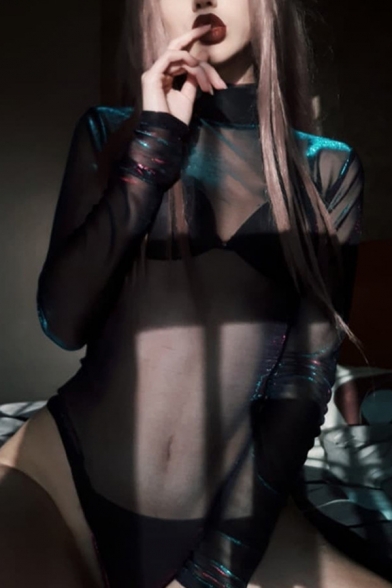 Gothic Girls' Long Sleeve High Neck Sheer Black Mesh Fitted Bodysuit for Club
