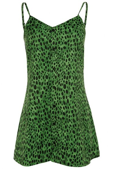 Green Retro Leopard Print V-Neck Spaghetti Straps Mini A-Line Club Dress for Women
