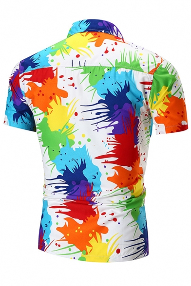 Guys Personality Colorful Paint Drip Print Short Sleeve Button Up White Shirt
