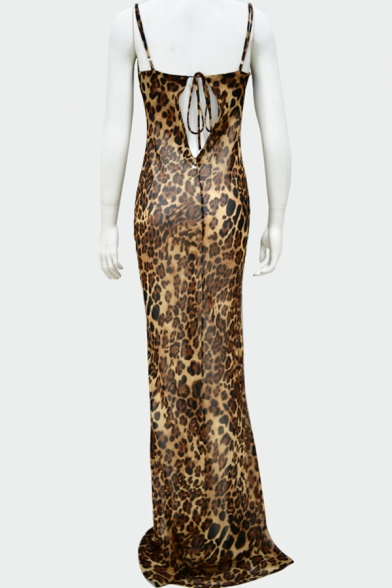 Ladies Chic Brown Leopard Printed Spaghetti Straps Cowl Neck Maxi Fitted Slip Dress