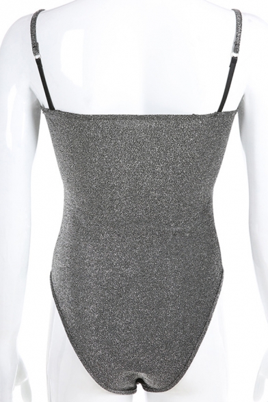 Ladies' Edgy Looks Sleeveless Sweetheart Neck Sequired Slim Fit Cami Bodysuit in Grey
