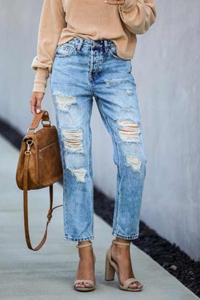 Light Blue Cool Exclusive Mid Rise Distressed Bleach Slim Fit Ankle Straight Jeans for Girls